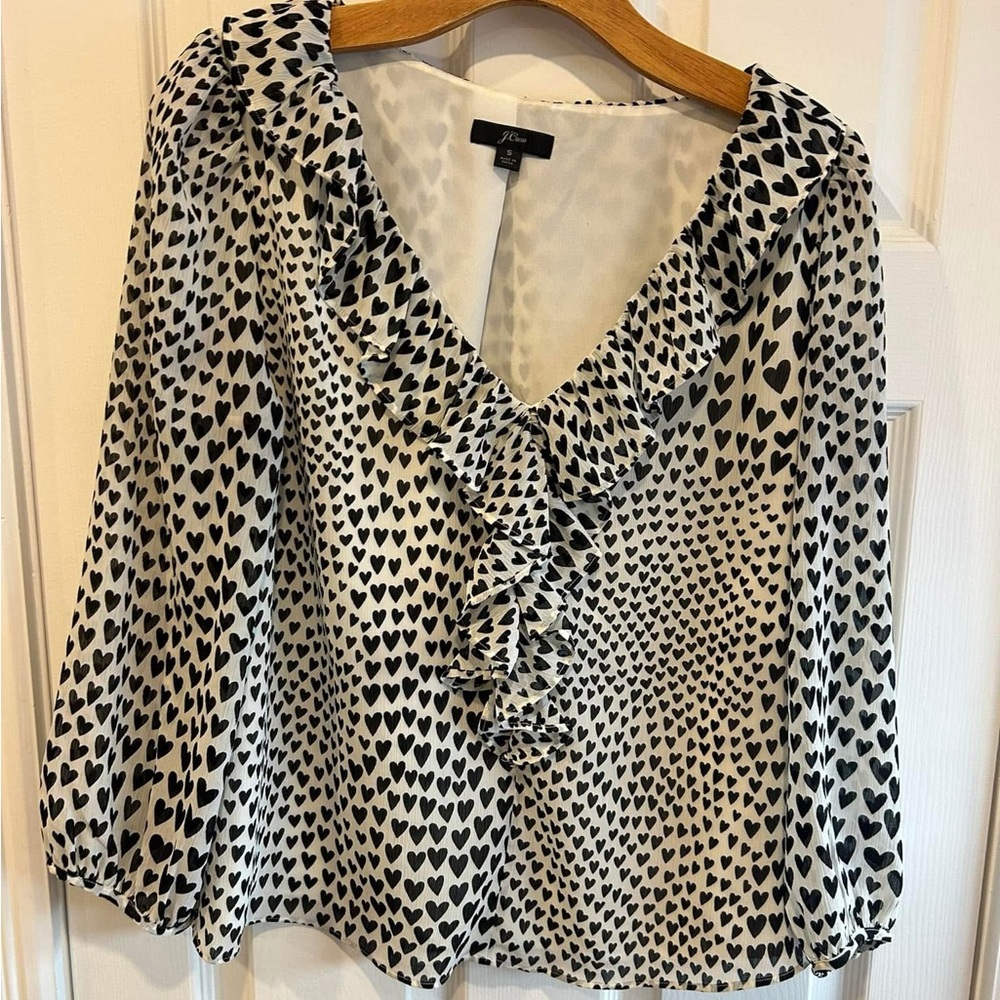 J Crew Black and White Heart Print Blouse